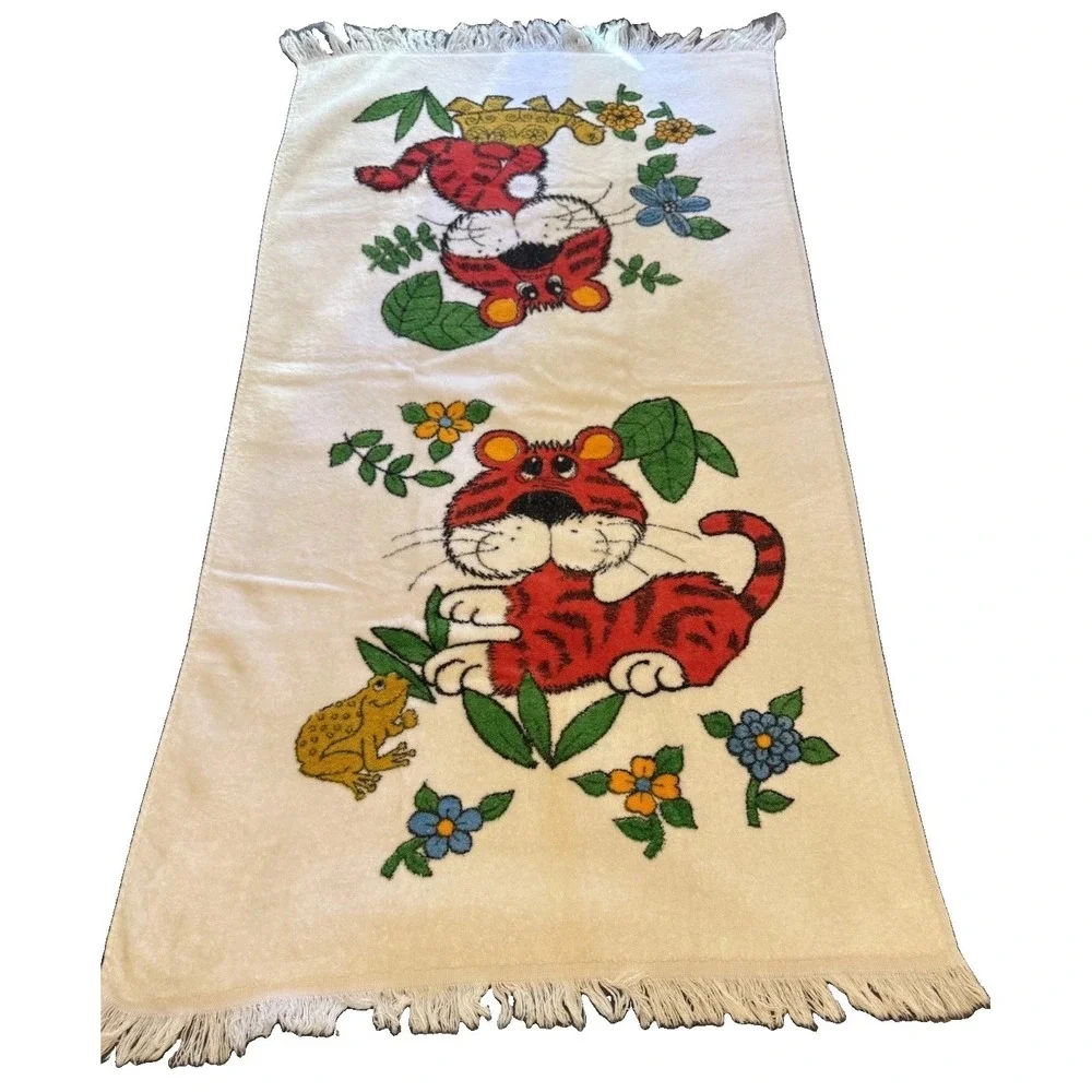 Cannon Towel READ Vintage 70s Tiger Turtle Frog In Flowers Bathroom Bath Terry